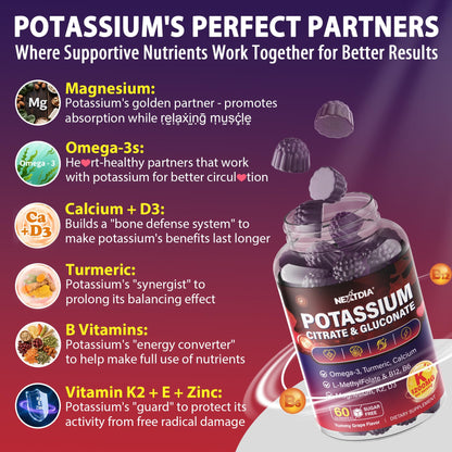 Potassium Citrate and Potassium Gluconate Supplement, 1200mg Two Forms of Potassium Gummies, w/Magnesium, Omega-3, Calcium, Vitamin D3 K2 B12 E B6, Folate for Mṵṣḉḷḙ, Nerves, Health Bones, 120Cts
