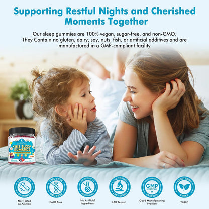 Kids Sleep Gummies with Magnesium Glycinate – Melatonin Free Bedtime Support for Kids – Calm & Relaxation with L-Theanine, GABA, Chamomile & Lemon Balm – Sugar Free Mixed Berry Flavor, 60 Gummies