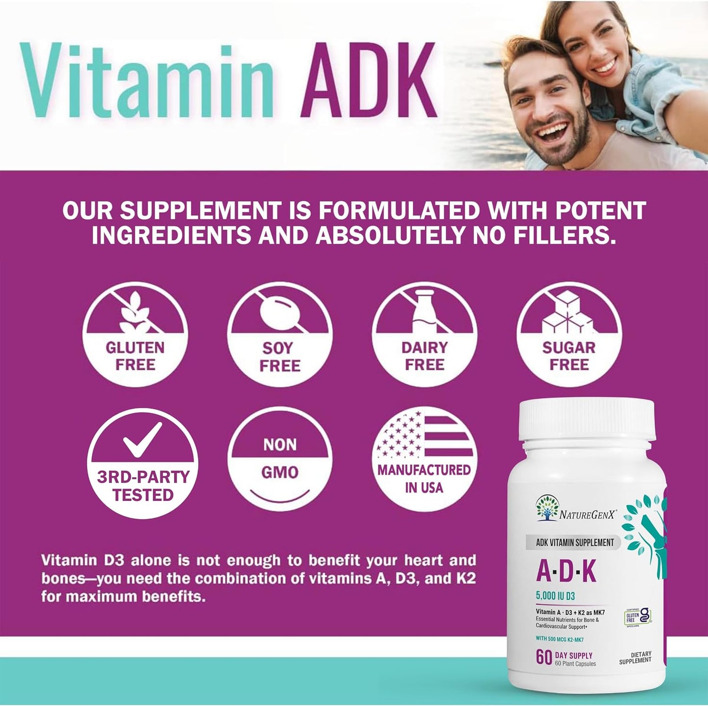 NatureGenX ADK Vitamin Supplement – Vitamins A, D3 & K2 MK-7 for Bone Health & Calcium Absorption – Gluten-Free, Non-GMO, Soy-Free – 60 Capsules (2-Month Supply) | For Bone Health & Calcium Absorption - Immune Support, Gluten-Free, Non-GMO, Soy-Free - 60