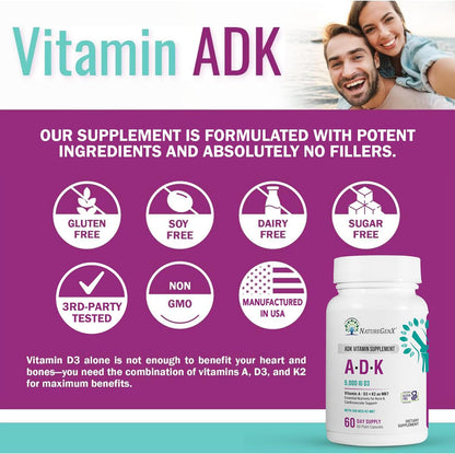 NatureGenX ADK Vitamin Supplement – Vitamins A, D3 & K2 MK-7 for Bone Health & Calcium Absorption – Gluten-Free, Non-GMO, Soy-Free – 60 Capsules (2-Month Supply) | For Bone Health & Calcium Absorption - Immune Support, Gluten-Free, Non-GMO, Soy-Free - 60