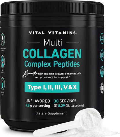 Vital Vitamins Multi Collagen Complex Powder for Hair, Skin, Nails & Joints | 5 Collagen Peptides Types I II III V & X, Unflavored, Easy to Dissolve, Scoop Included Inside, 30 Servings