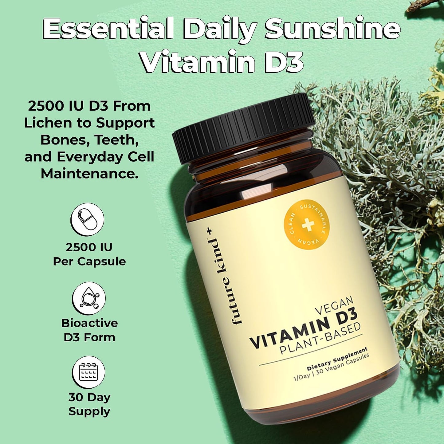 Future Kind Vitamin D3 2500 IU for Bone and Muscle Function, Vitamin D Vegan Supplement from Plant Lichen, Non-GMO, Sugar Free, Pure Vitamin D3, Promotes Natural Resilience, 30 Capsules