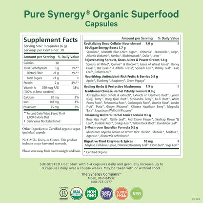 PURE SYNERGY Superfood Capsules | Organic Superfood & Greens Supplement | Whole Foods Like Super Greens, Spirulina, & Mushrooms | for Energy, Healthy Aging & Immune Health (270 Capsules)