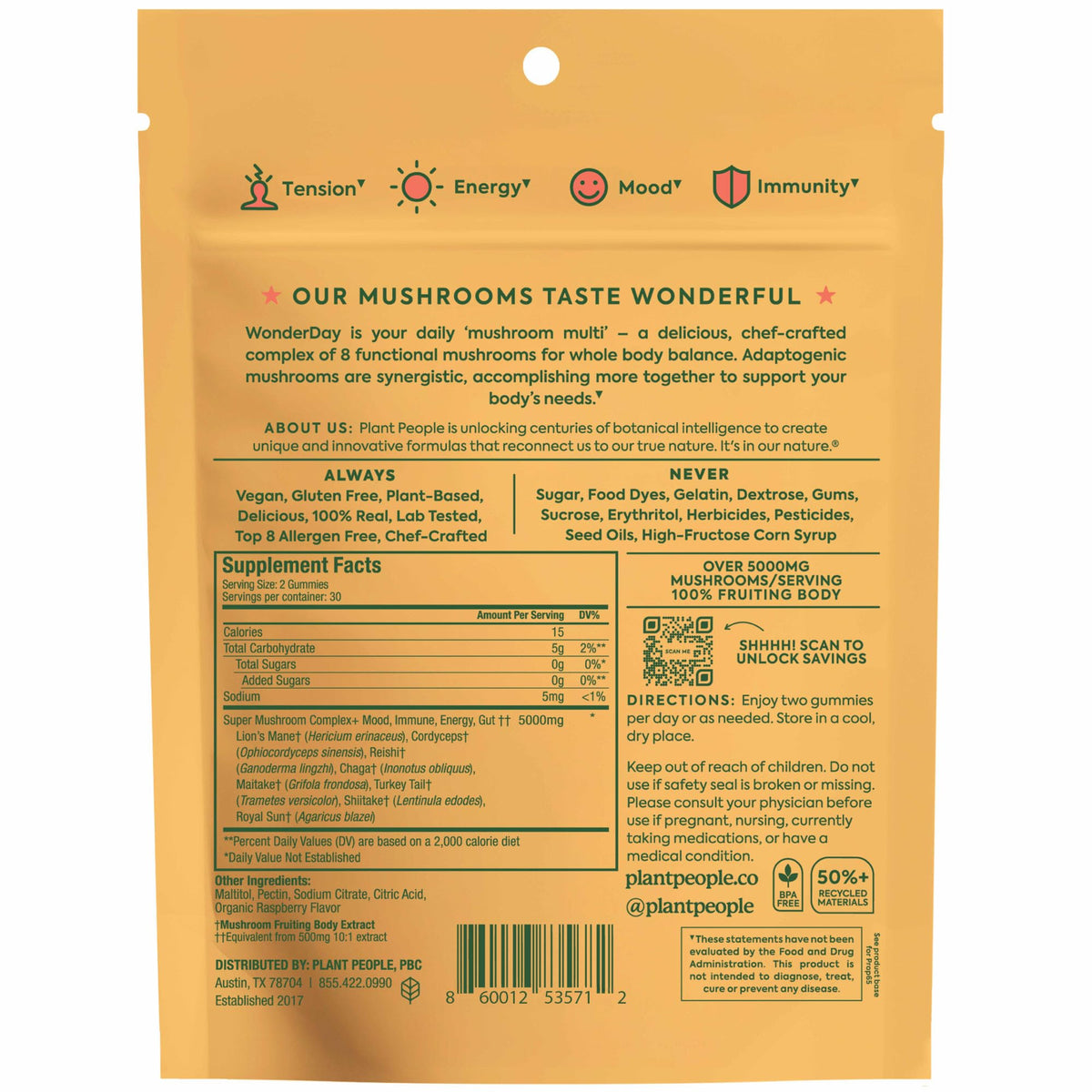 Plant People WonderDay Mushroom Gummies for Energy, Raspberry, 60ct