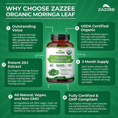 Zazzee USDA Organic Moringa Leaf 20:1 Extract, 180 Vegan Capsules, 3 Month Supply, Certified Kosher, Moringa Oleifera, Antioxidant, Immune & Cellular Support, Superfood Supplement, Made in the USA