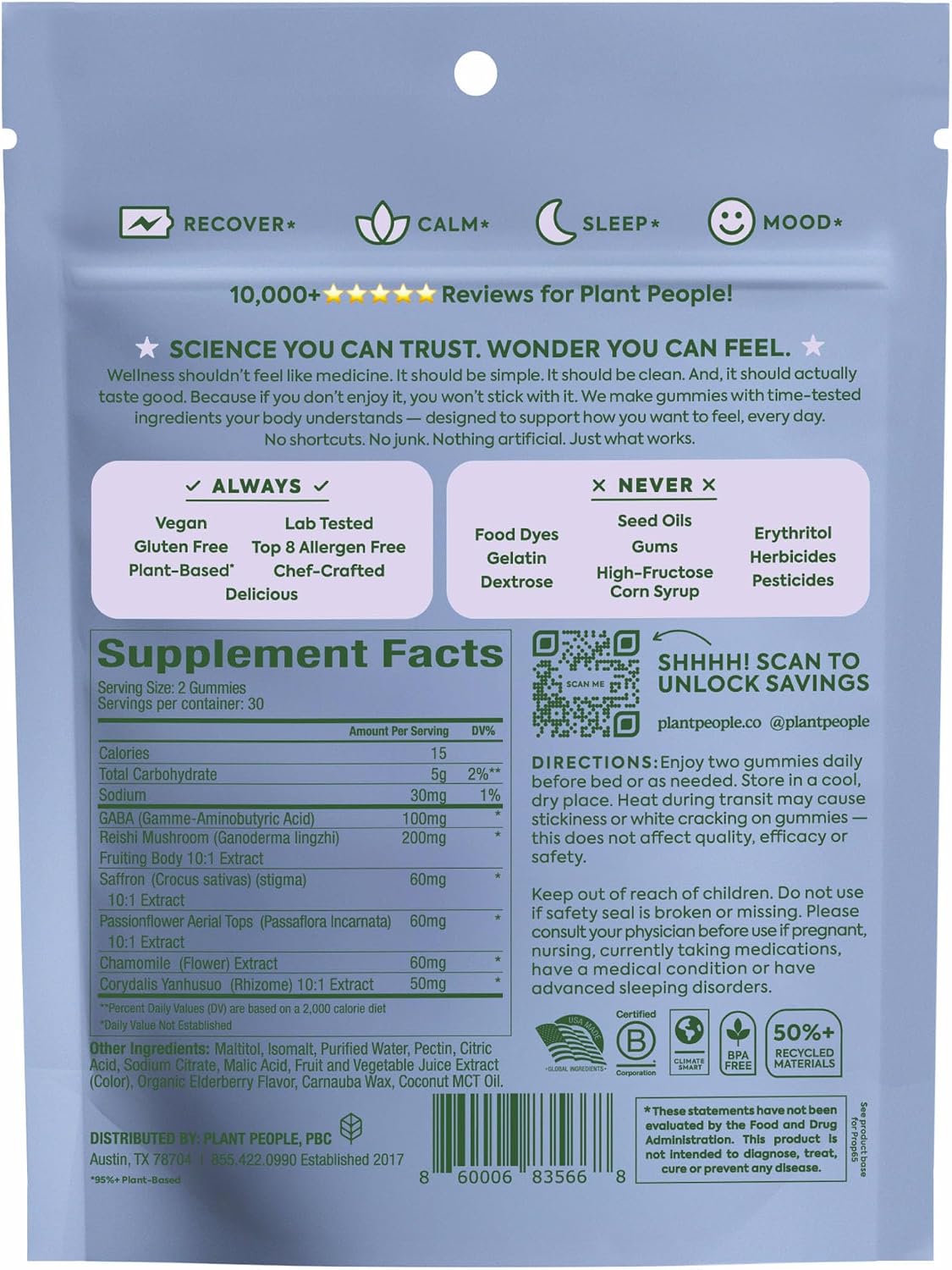 Plant People WonderSleep Mushroom Gummies Supplement for Sleep, 60ct