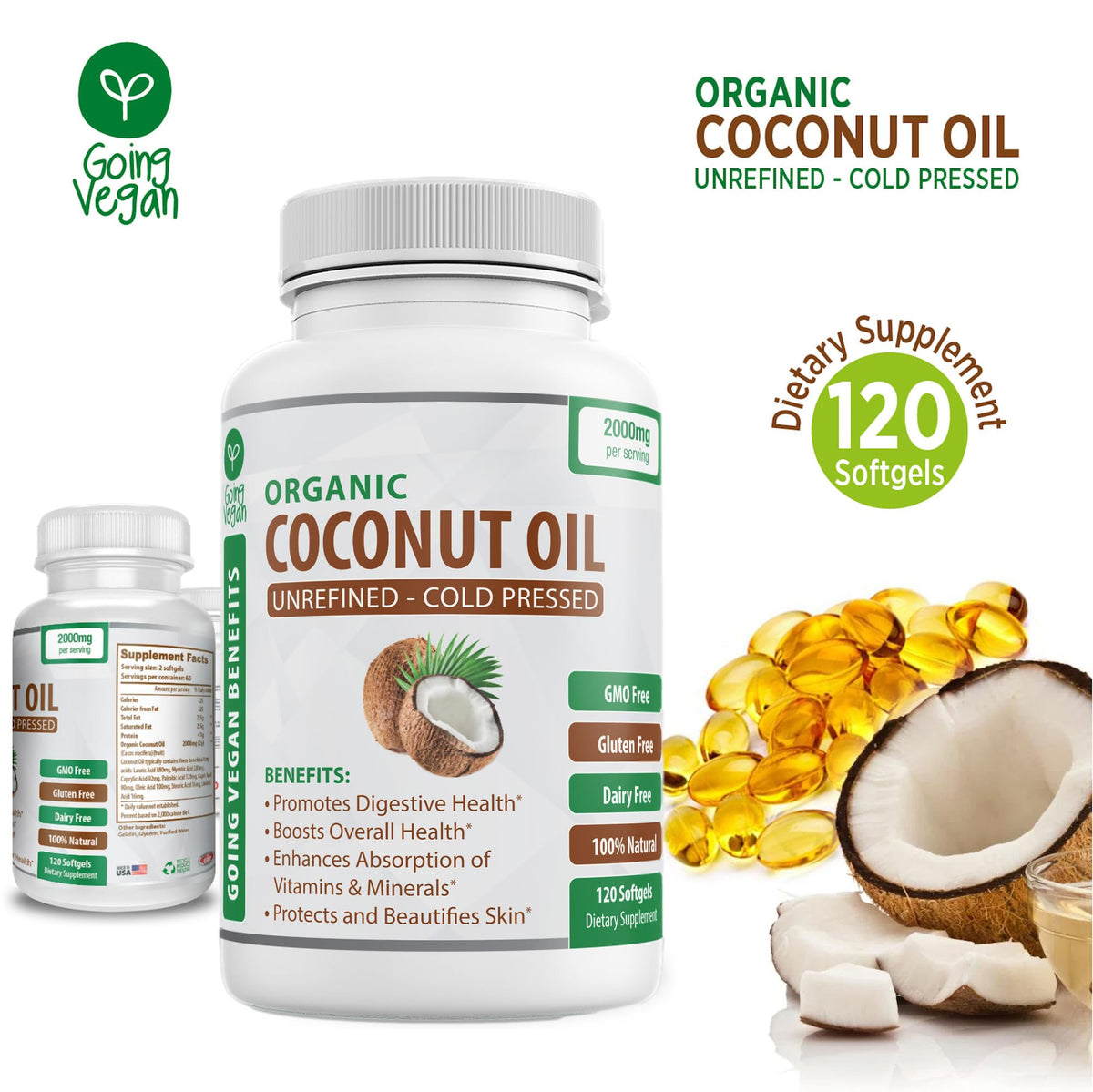 Organic Coconut Oil Capsules 2000mg - 100% Extra Virgin, Cold Pressed for Healthy Skin