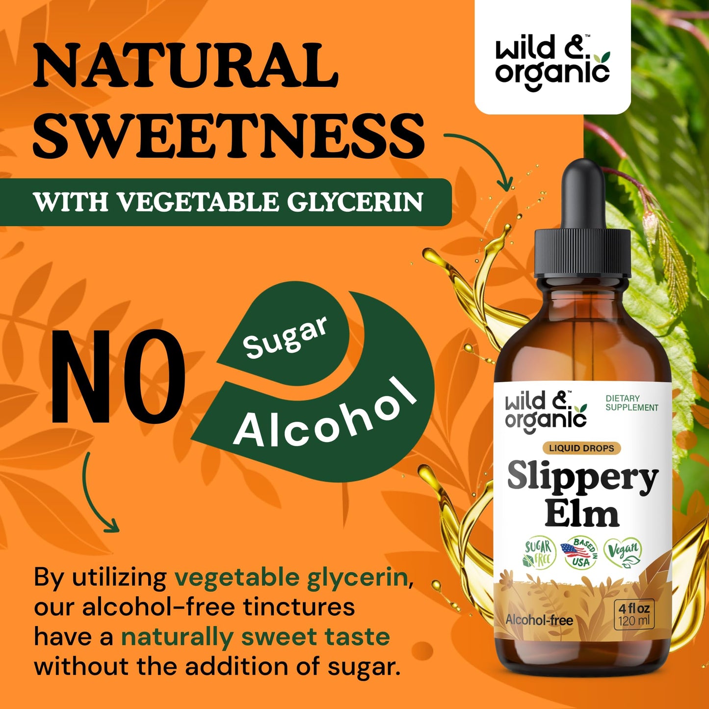Wild & Organic Slippery Elm Liquid Drops - Lung, Digestive & Women's Support - Slippery Elm Bark Supplement - Add to Tea Tincture - Ulmus Rubra Herb - Vegan, Sugar & Alcohol-Free - 4 fl oz