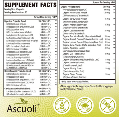 Prebiotics and Probiotics - 300 Billion CFU, 24 Probiotic+15 Herbs, 60 Caps | Probiotics for gut health, Immune & Digestive, Bloating - Probiotics for Women & Men