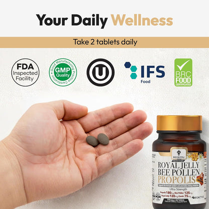 Bee and You Royal Jelly Tablet, Propolis Extract, Bee Pollen, 100% Natural Superfood, Ultra Pure, Immune Support Supplement, Improve Energy, Focus, Antioxidants, Fresh, Keto, Paleo, Gluten-Free | 60ct