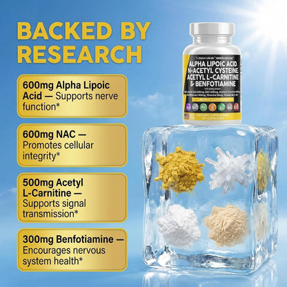 Alpha Lipoic Acid 600mg N-Acetyl Cysteine 600mg Acetyl L-Carnitine 500mg Benfotiamine 300mg - Nerve Support Supplement for Women and Men with Vitamin B1 B6 & B12 - Made in USA 90 Caps
