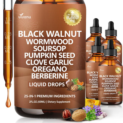 25-in-1 Liposomal Black Walnut Wormwood Clove Tincture, Cleanse for Humans Drops Liquid, Lymphatic Support with Garlic, Mullein, Soursop, Pumpkin Seed, Berberine, Turmeric, Echinacea, Cinnamon