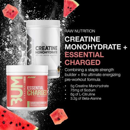 RAW Nutrition Creatine Monohydrate & Charged Sour Watermelon Pre-Workout Powder Bundle
