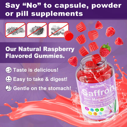 Happy Saffron Supplements Gummies - 4 Months Supply -Saffron Extract 177mg 88.5mg, w/ Magnesium Glycinate 400mg 200mg, Rhodiola, Rosemary, Vitamin D, B6 B12 for Rest, Mood, Calm, Focus, Sugar-Free