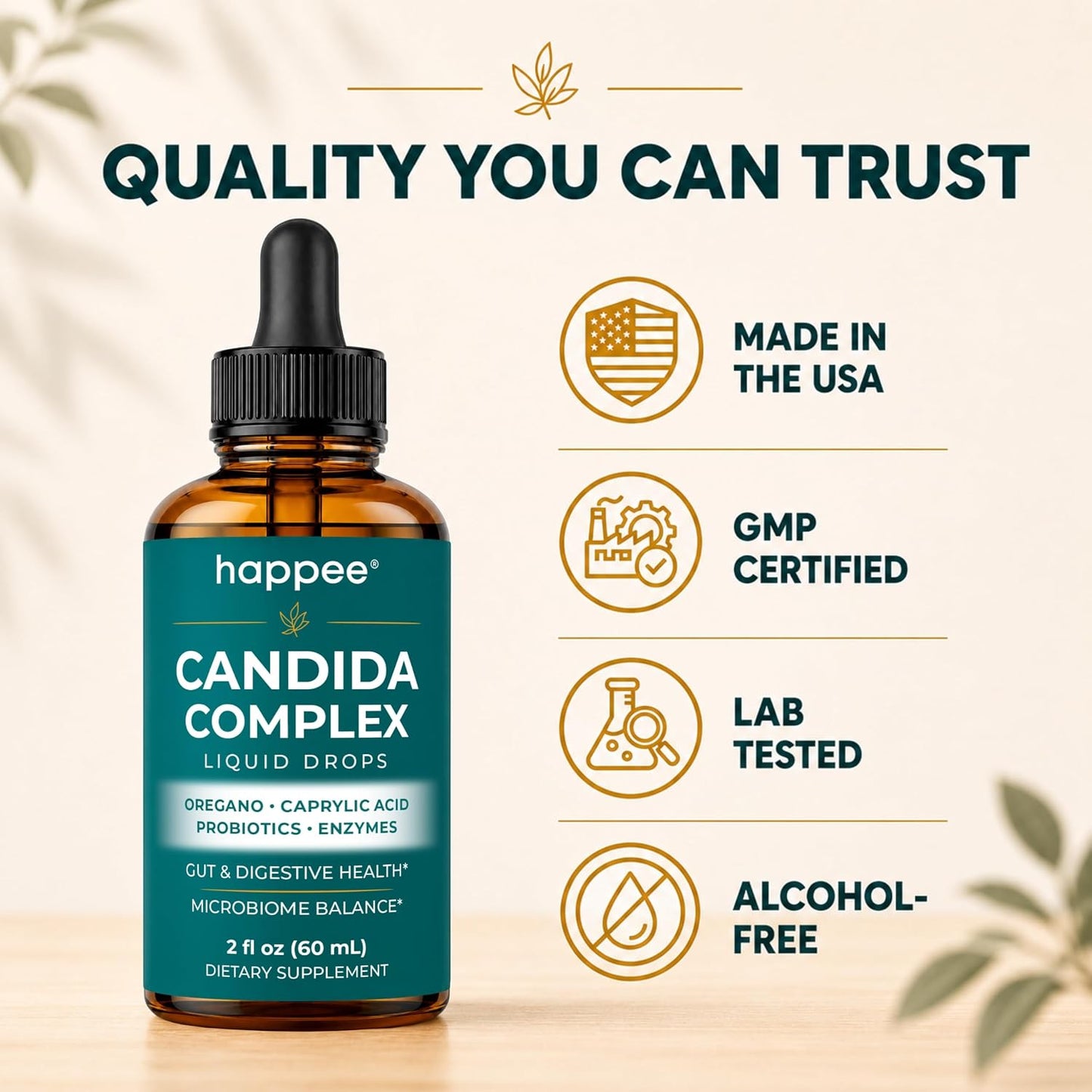 Happee Candida Cleanse Drops 10-in-1 Gut & Oral Detox Support Men Women 2oz | Yeast & Overgrowth Support - Oregano, Caprylic Acid & Probiotics - Flora Balance & Digestive Comfort - 60 Servings