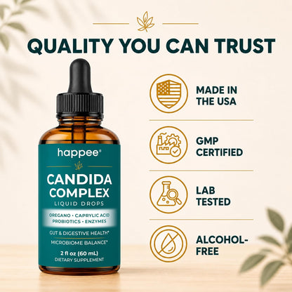 Happee Candida Cleanse Drops 10-in-1 Gut & Oral Detox Support Men Women 2oz | Yeast & Overgrowth Support - Oregano, Caprylic Acid & Probiotics - Flora Balance & Digestive Comfort - 60 Servings
