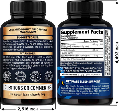 Magnesium Glycinate - Sleep & Relaxation Support - Extra Strength Glycinate, Glycine & Taurine 1500 mg - Magnesium Supplement for Women & Men - Chelated & High Absorption - Lab Tested - 120 Capsules