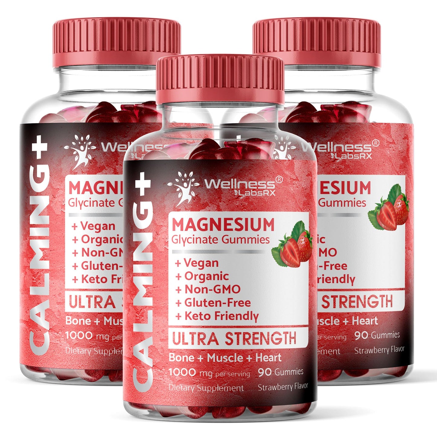 Magnesium Glycinate Gummies, 1000 mg - Magnesium Supplement to Support Relaxation, Heart Health - Chewable Calm Magnesio Gummies for Adults, Glicinato De Magnesio - Strawberry Flavor