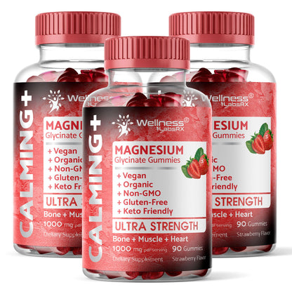 Magnesium Glycinate Gummies, 1000 mg - Magnesium Supplement to Support Relaxation, Heart Health - Chewable Calm Magnesio Gummies for Adults, Glicinato De Magnesio - Strawberry Flavor
