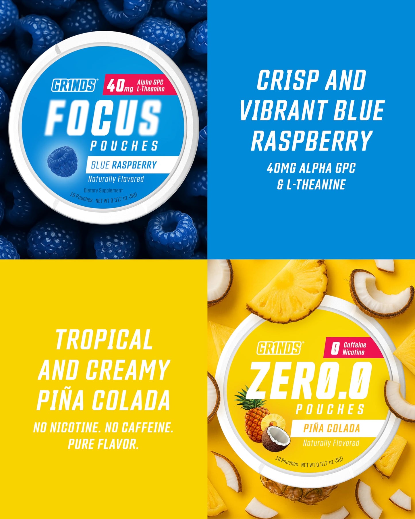 GRINDS Focus Pouches | Naturally Flavored with Nootropic Ingredients | Contains Alpha GPC and L-Theanine | Sugar-Free | 3 Pack | 18 Pouches Per Can | Blue Raspberry