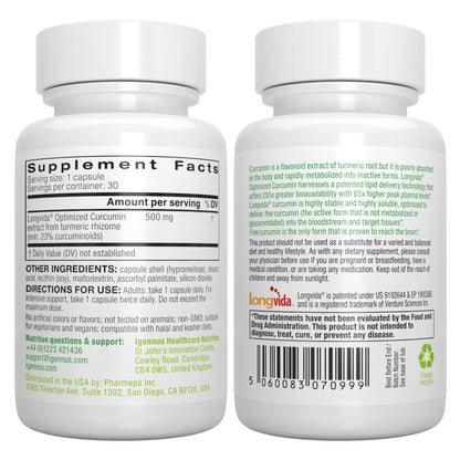 Igennus Longvida Curcumin 500mg – High Absorption ‘Free’ Curcumin, 65x Higher Plasma Levels, Sustained Release (7hr Half-Life), Brain & Cognitive Support, Vegan, 30 Capsules