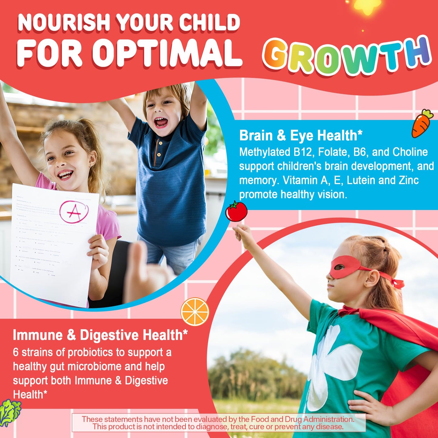 Kids Multivitamin Gummies + Calcium, Probiotics, Vitamin D3, C, Methylated B12 & Methylfolate, B6, A, K2, E, Zinc, Prebiotics for Children Ages 4+, Clean & Sugar Free, for Nutritional Support, 60 Cts