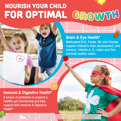 Kids Multivitamin Gummies + Calcium, Probiotics, Vitamin D3, C, Methylated B12 & Methylfolate, B6, A, K2, E, Zinc, Prebiotics for Children Ages 4+, Clean & Sugar Free, for Nutritional Support, 60 Cts