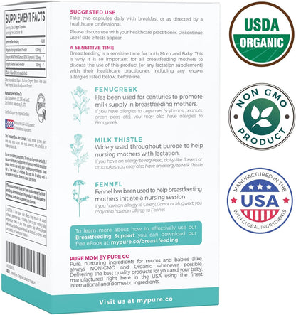 USDA Organic Lactation Supplement - Increase Milk Supply with Herbal Breastfeeding Support - Aid for Mothers - Organic: Fenugreek Seed, Fennel & Milk Thistle - 60 Vegan Capsules (No Pills or Cookies)