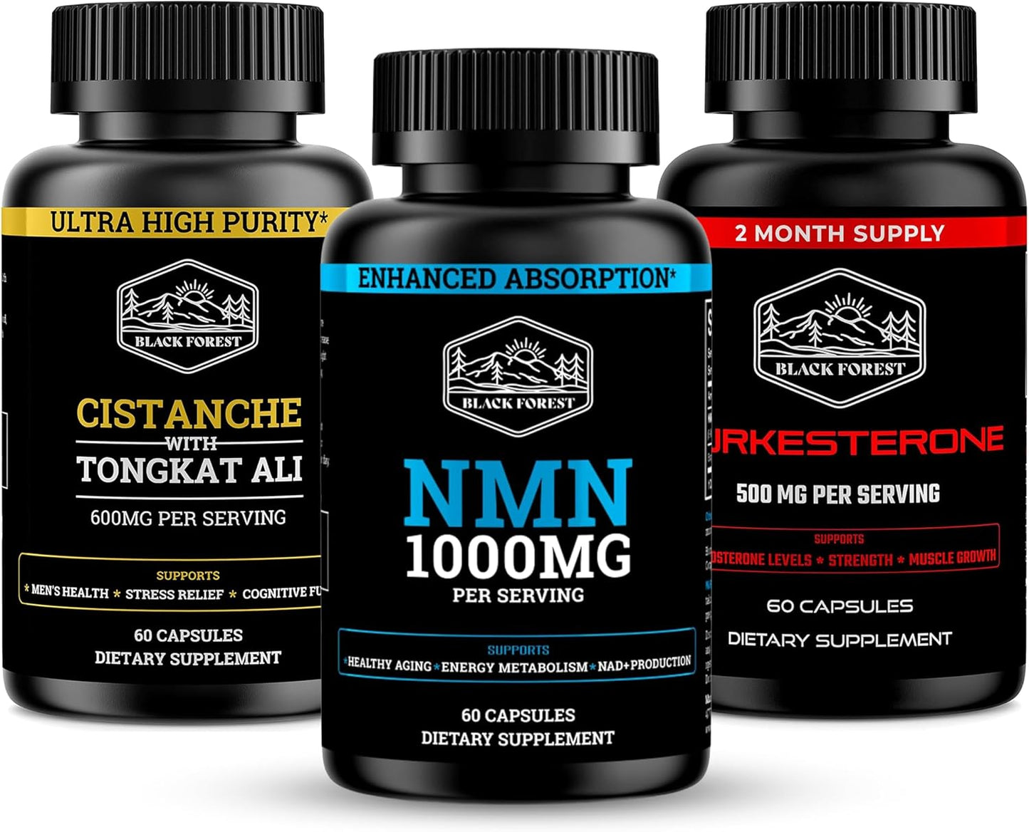 Black Forest NMN 1000mg NAD Support Supplement and Turkesterone 500mg Strength Formula and Cistanche Tongkat Ali Performance Vitality Bundle