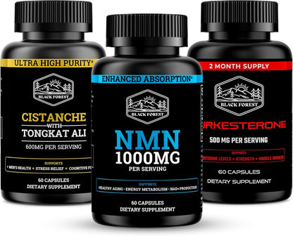 Black Forest NMN 1000mg NAD Support Supplement and Turkesterone 500mg Strength Formula and Cistanche Tongkat Ali Performance Vitality Bundle
