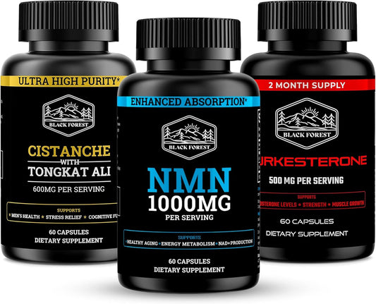 Black Forest NMN 1000mg NAD Support Supplement and Turkesterone 500mg Strength Formula and Cistanche Tongkat Ali Performance Vitality Bundle