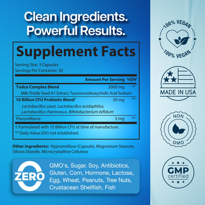 2000mg Advanced TUDCA Supplement - Max Absorption TUDCA Bile Salts with 4:1 Milk Thistle and Probiotics - Supports Liver Detox & Cleanse, Gallbladder, Gut & Kidney Health - 90 Vegan Capsules