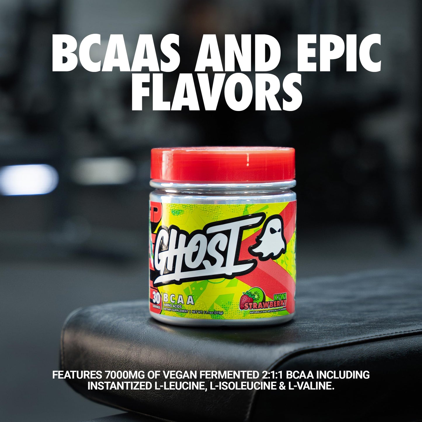GHOST BCAA Powder Amino Acids Supplement, Sour Strips - 30 Servings - Sugar-Free Intra, Post & Pre Workout Amino Powder & Recovery Drink, 7G BCAA
