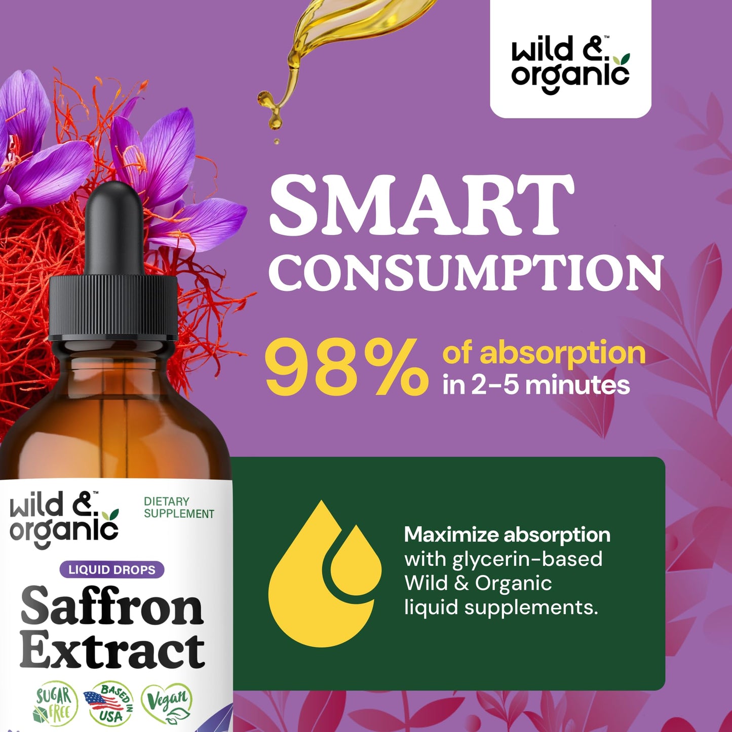 Wild & Organic Saffron Supplements 88.5 mg - Mood, Focus & Eye Support - Saffron Extract Liquid Drops - Add to Tea - 5-Month Supply - Crocus Sativus Herb - Vegan, Sugar & Alcohol-Free Tincture - 4 oz