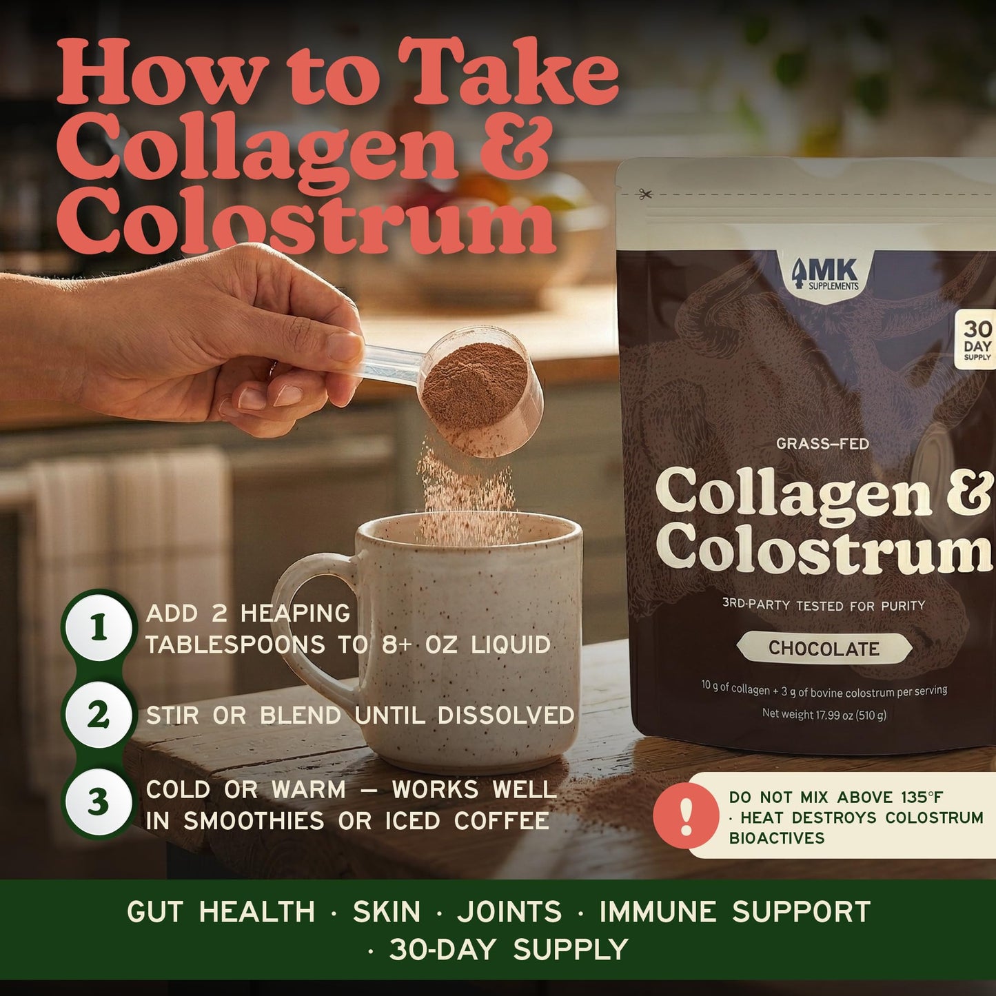 MK Supplements Grass-Fed Collagen & Colostrum Powder, Unflavored, IgG 21% | Collagen Types I & II plus Bone Peptides and Whole-Food Calcium Matrix, New Zealand Raised