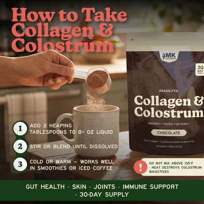 MK Supplements Grass-Fed Collagen & Colostrum Powder, Unflavored, IgG 21% | Collagen Types I & II plus Bone Peptides and Whole-Food Calcium Matrix, New Zealand Raised