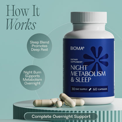 BIOMA Night Metabolism & Sleep - Supports Digestion, Energy Metabolism & Restful Sleep with Melatonin, Vitamin D, Magnesium & More - 60 Capsules (30-Day Supply)