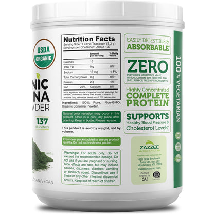 Zazzee USDA Organic Spirulina Powder, 2.2 Pounds (1 KG), 303 Servings, Certified Kosher, 100% Pure, Non-Irradiated, Mess-Free Wide Mouth Container, Fresh Smell and Neutral Taste, Non-GMO, Made in USA