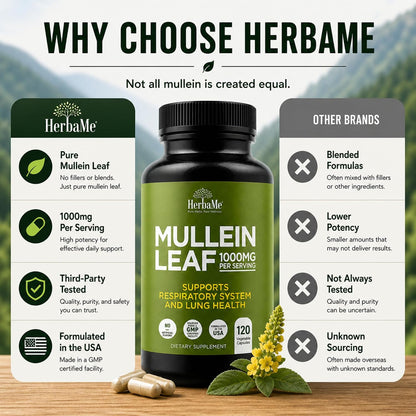 HerbaMe Mullein Leaf 1000mg, 120 Capsules - Daily Respiratory Support Supplement, Supports Breathing Comfort & Mucus Balance, Herbal Lung Support for Smokers, Men & Women