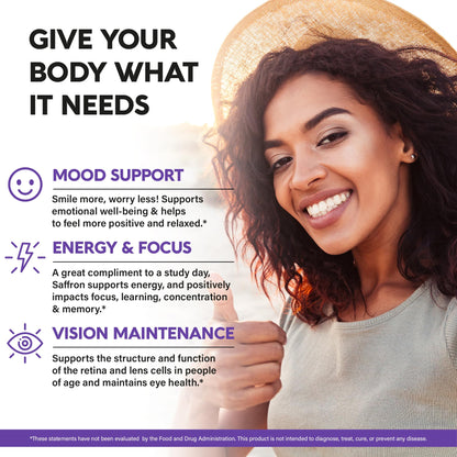 Natural Saffron Supplements - Pure Saffron Extract 88.5 mg - Mood | Focus | Vision | Energy Support - Eye Health for Women & Men - Lab Tested - NonGMO Vegan Pills - 90 Powder Capsules, 3 Month Supply