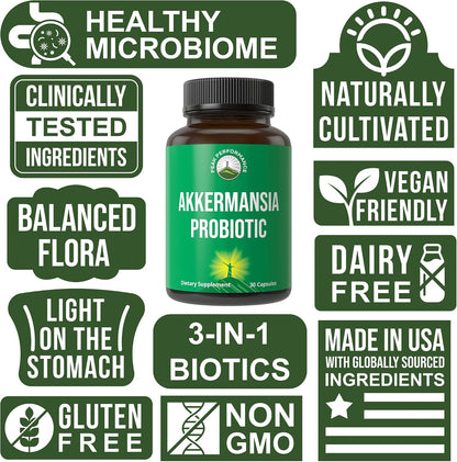 Peak Performance Akkermansia Probiotic to Increase GLP-1 Production - Ultra High Strength Akkermansia Muciniphila Live Strain with Prebiotic Fiber for Gut Health - Delayed Release, 3rd Party Tested
