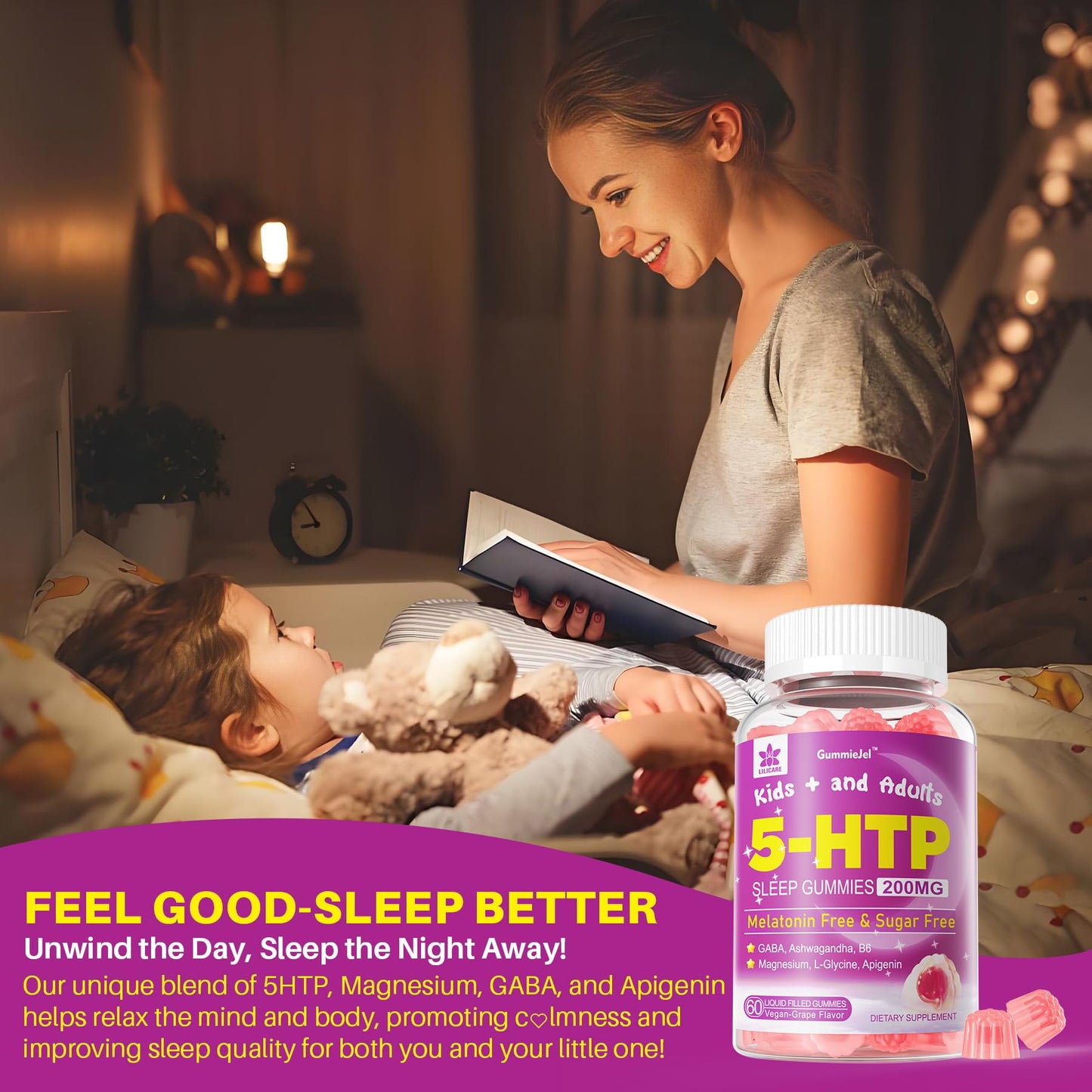 5HTP Gummies for Adults & Kids 8+, Melatonin Free Gummies with Magnesium Glycinate, GABA, L-Glycine, Ashwagandha, Vitamin B6 for Delicious Zzzs, Brain & Muscle Relaxation, 0 Sugar 60 Count (Pack of 1)