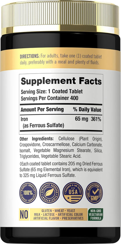 Carlyle Iron Ferrous Sulfate 325mg, 65 mg | 400 Tablets | Non-GMO, Gluten Free, and Vegetarian Supplement | High Potency