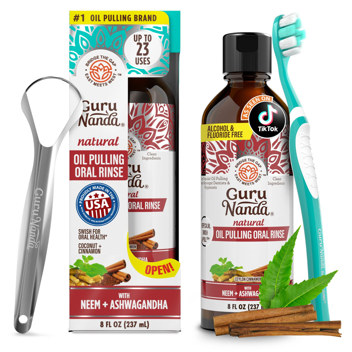 GuruNanda Cinnamon Oil Pulling Mouthwash with Neem & Ashwagandha, 16oz