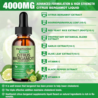 2 Packs 4000mg Citrus Bergamot Liquid Drops - Cholesterol Lowering Supplement for Immune Support Anti-Aging, Hight Cholesterol - Soursop Bitters Liquid, High Absorption, 4 Fl Oz