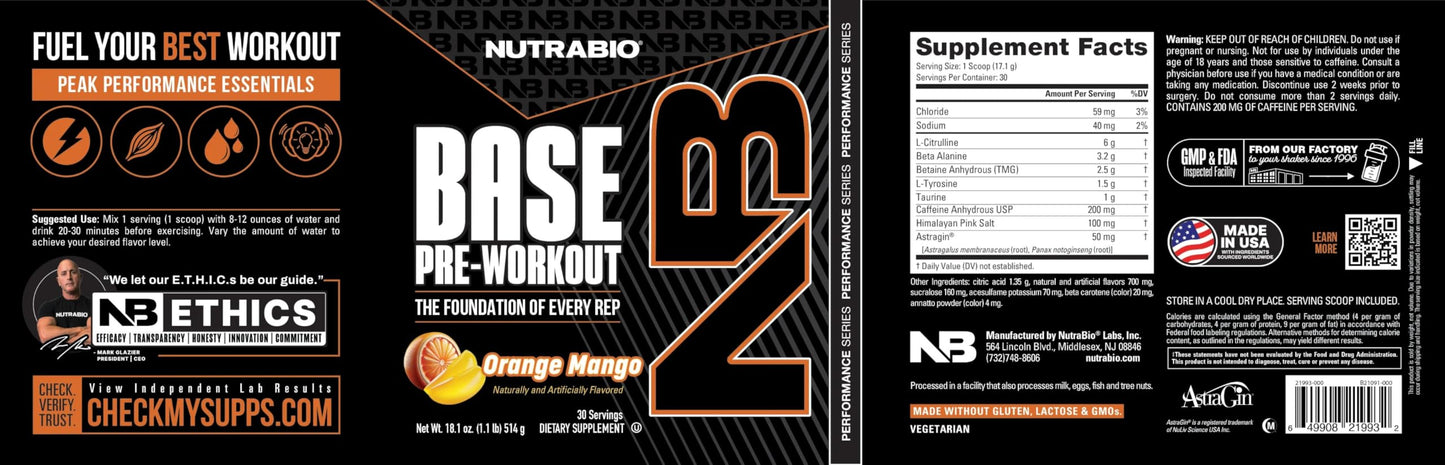 NutraBio Base Pre-Workout Powder 200mg Caffeine, Sustained Energy, Focus, Endurance, Pump, Sugar Free, Clean Preworkout for Men and Women - Beta Alanine, L-Tyrosine, 30 Servings - Lemon Lime