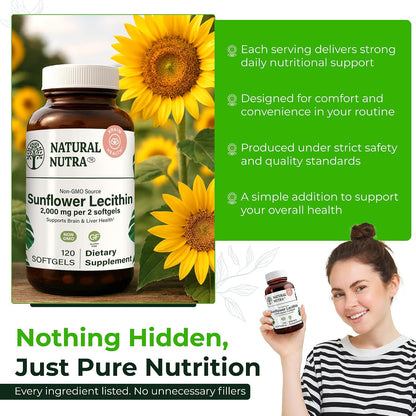Natural Nutra Sunflower Lecithin Supplement 2000mg, Gluten-Free 120 Softgel | Supports Sunflower Lecithin Breastfeeding, Liver & Brain Health
