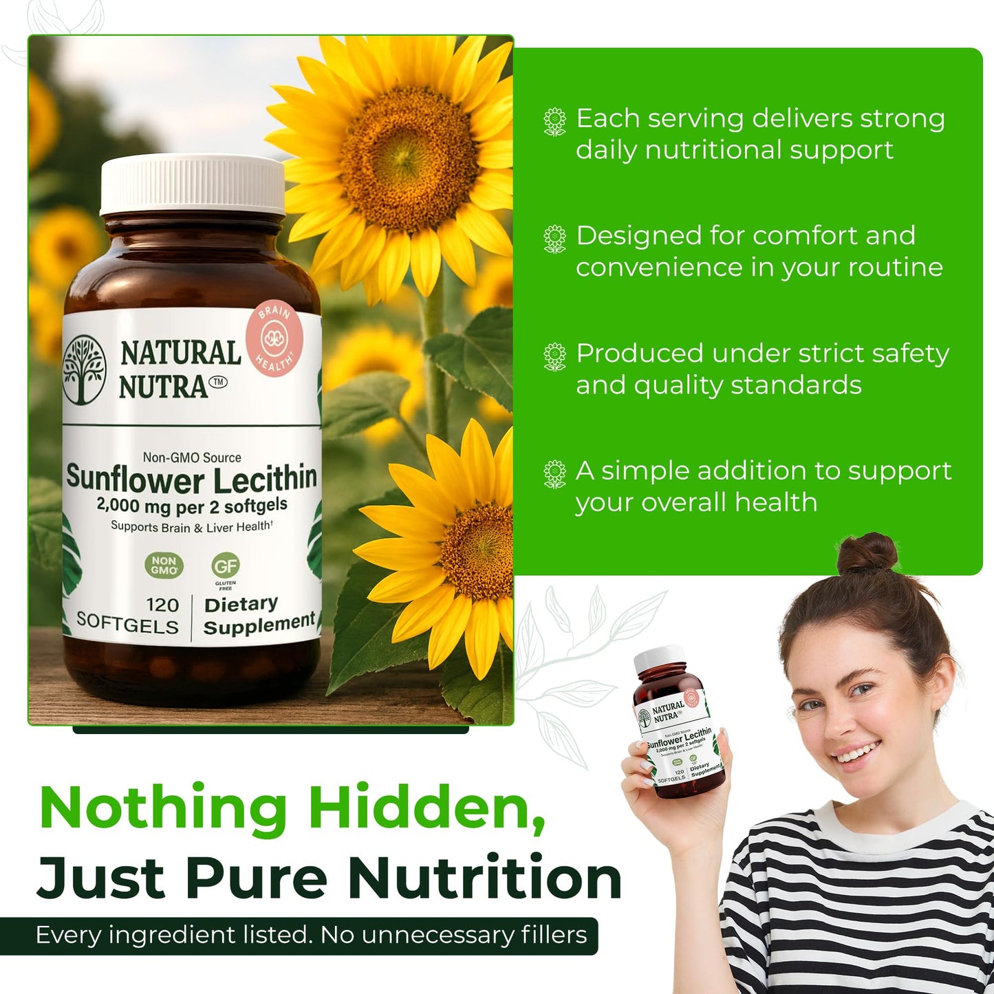 Natural Nutra Sunflower Lecithin Supplement 2000mg, Gluten-Free 120 Softgel | Supports Sunflower Lecithin Breastfeeding, Liver & Brain Health