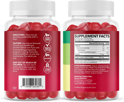 Apple Cider Vinegar Gummies, USDA Organic, Apple Flavor, 1-Month Supply | USDA Organic ACV Gummies for Digestive Health, Metabolism & Gut Support, Vegan, Gluten-Free, No Harsh Taste, 60ct