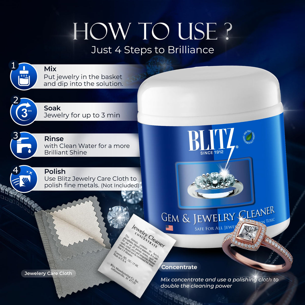 Blitz Gem & Jewelry Cleaner Concentrate Refill for Ultrasonic Machines 8 oz